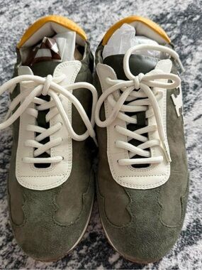 Olive Green Suede Casual Sneakers with White Trim